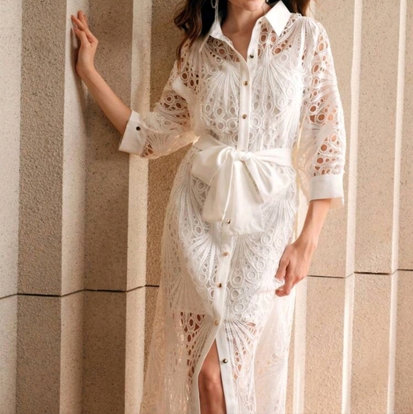 Mid-Sleeve Lace Embroidered Vacation Style Women's Midi Dress - Picture 4 of 5